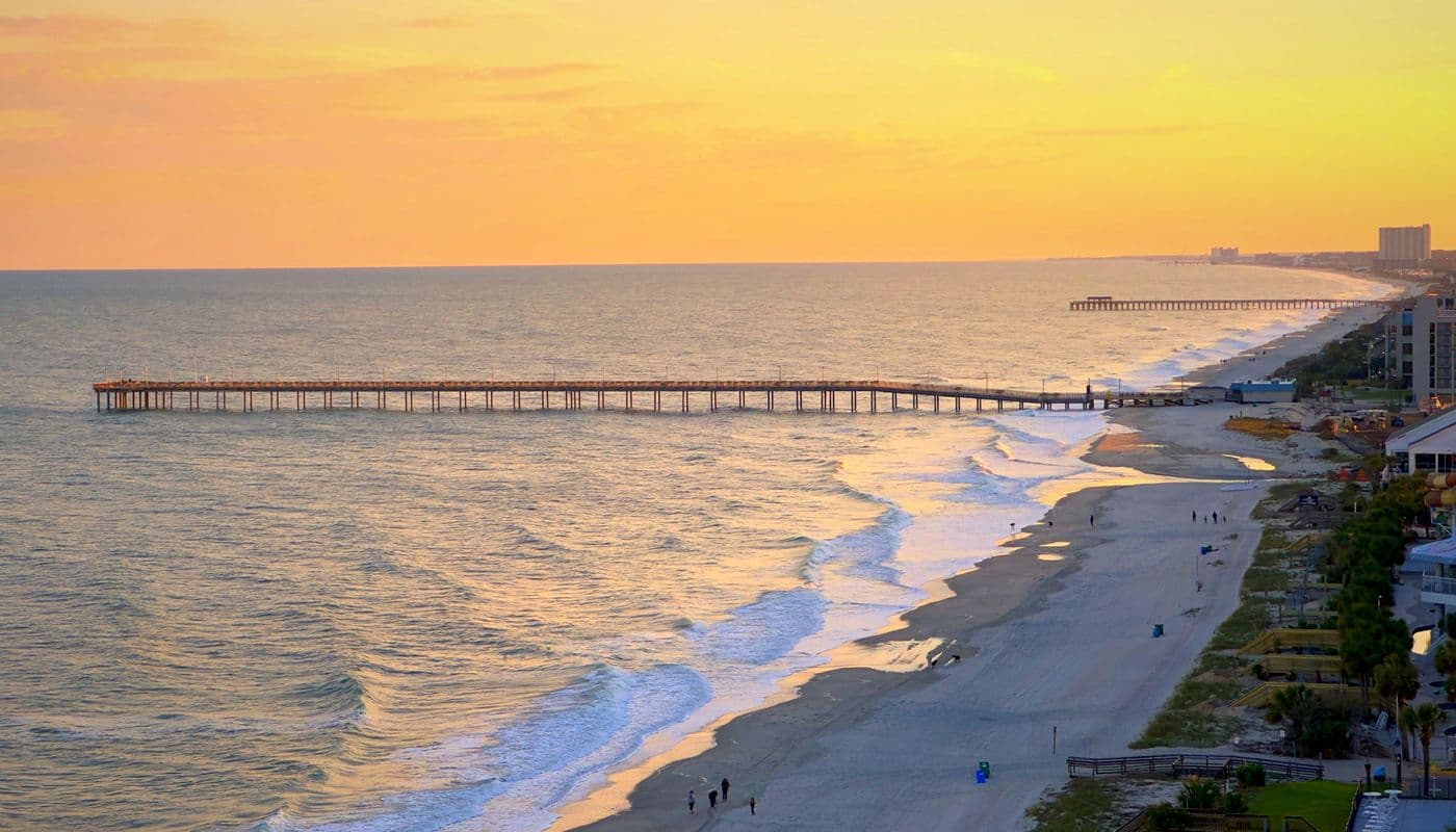 Myrtle Beach, South Carolina coastline and development at sunset