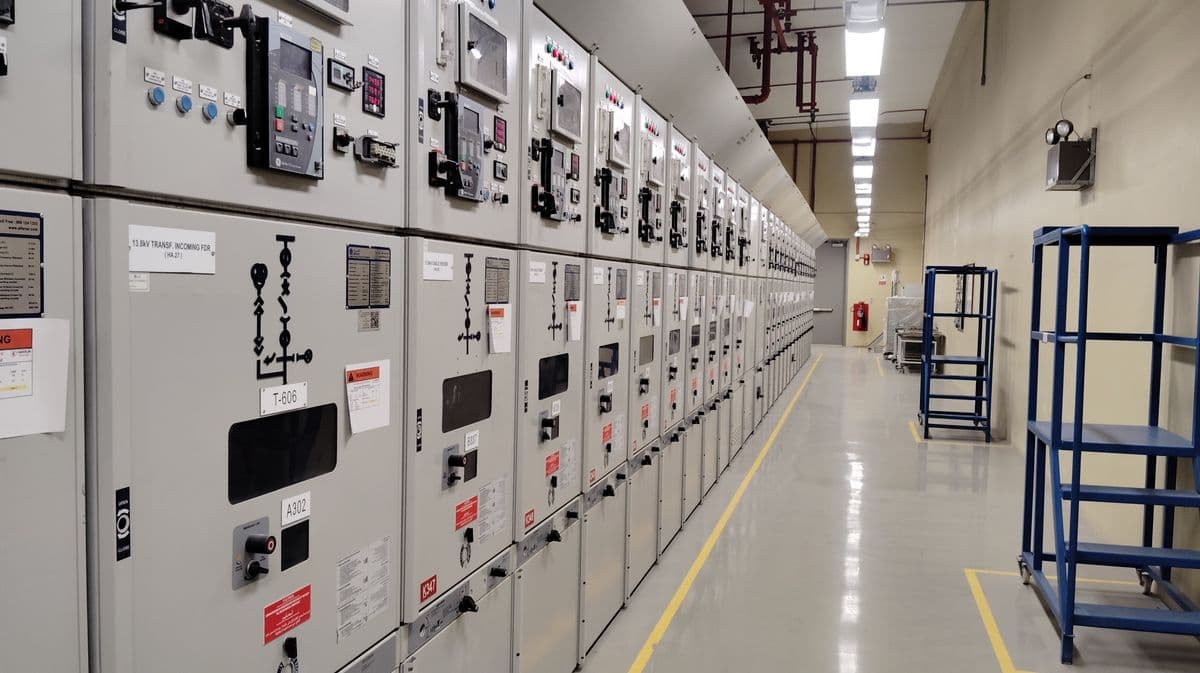 Industrial electrical control room with rows of control panels during commissioning